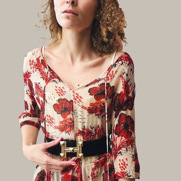 MAX&Co. Re-Edit Sheer Floral Midi Dress – Small – Beige Red Print – $395 - Picture 9 of 9